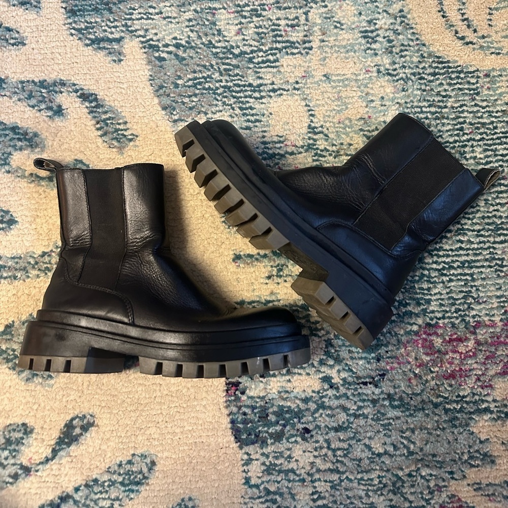 Zara Chunky Lug Sole Black Leather Boots